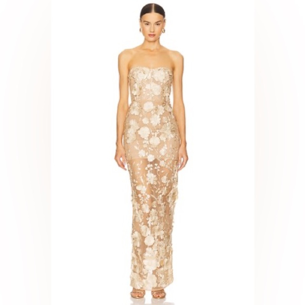 Bronx and Banco Nude Floral Embroidered Strapless Maxi Dress